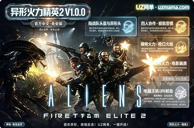 《异形：火力精英2》V1.0.0 官方中文免安装版：四人小队深入异形巢穴，在绝望中杀出重围